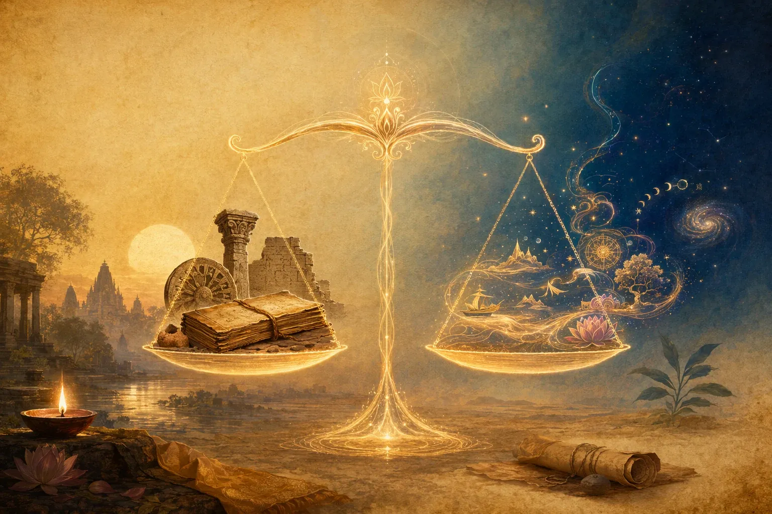Balanced scale with a manuscript and archaeology motif on one side and story constellations on the other, representing history and mythology respectfully.