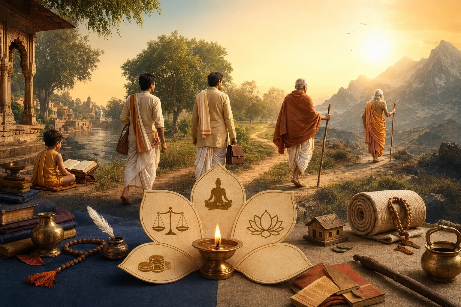Ashrama and Purushartha illustration with life-stage figures, dharma, artha, kama, moksha symbolism, books, lamps, and balanced circular design.