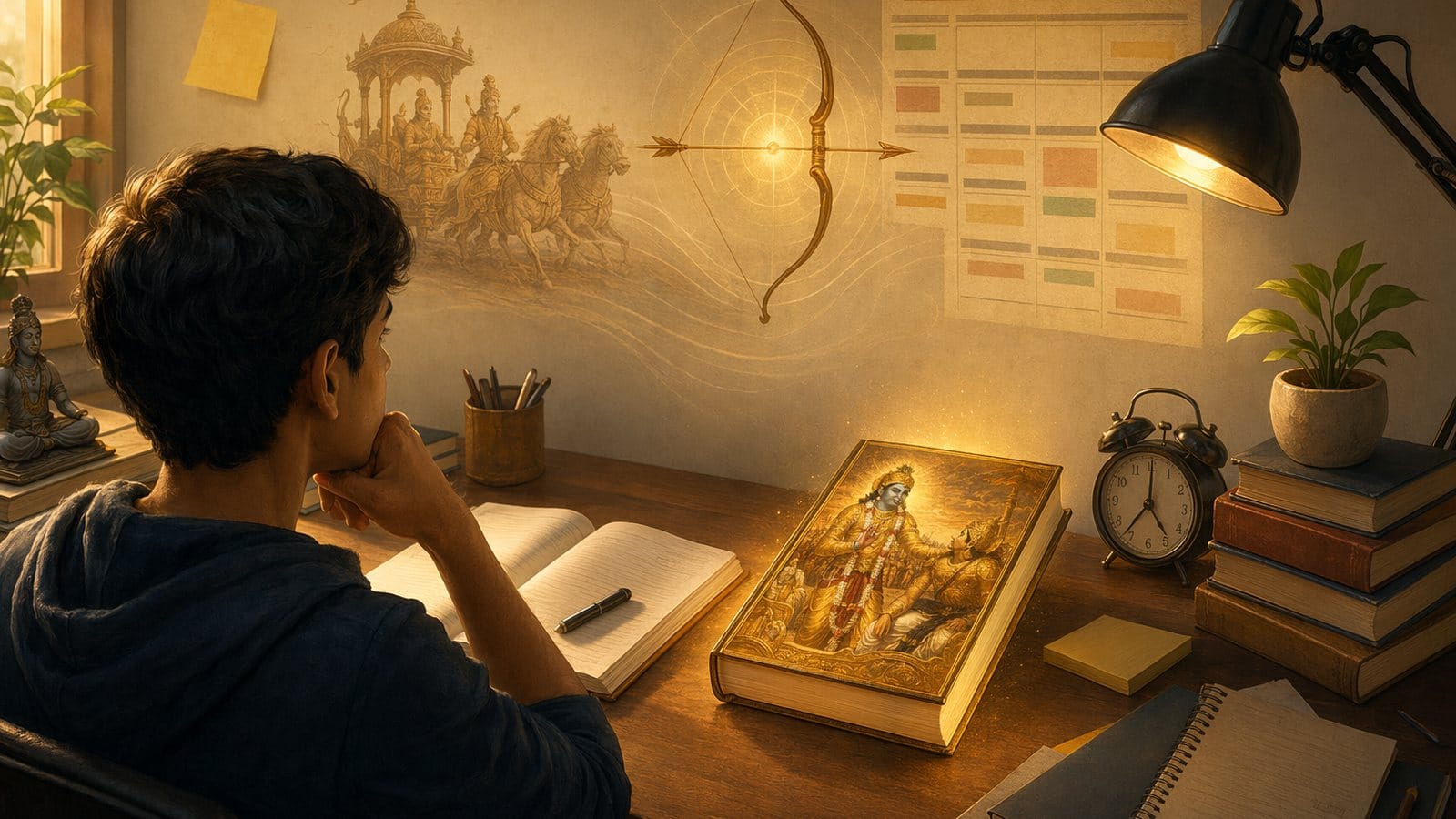 Student study desk with Bhagavad Gita lessons for focus discipline and confidence