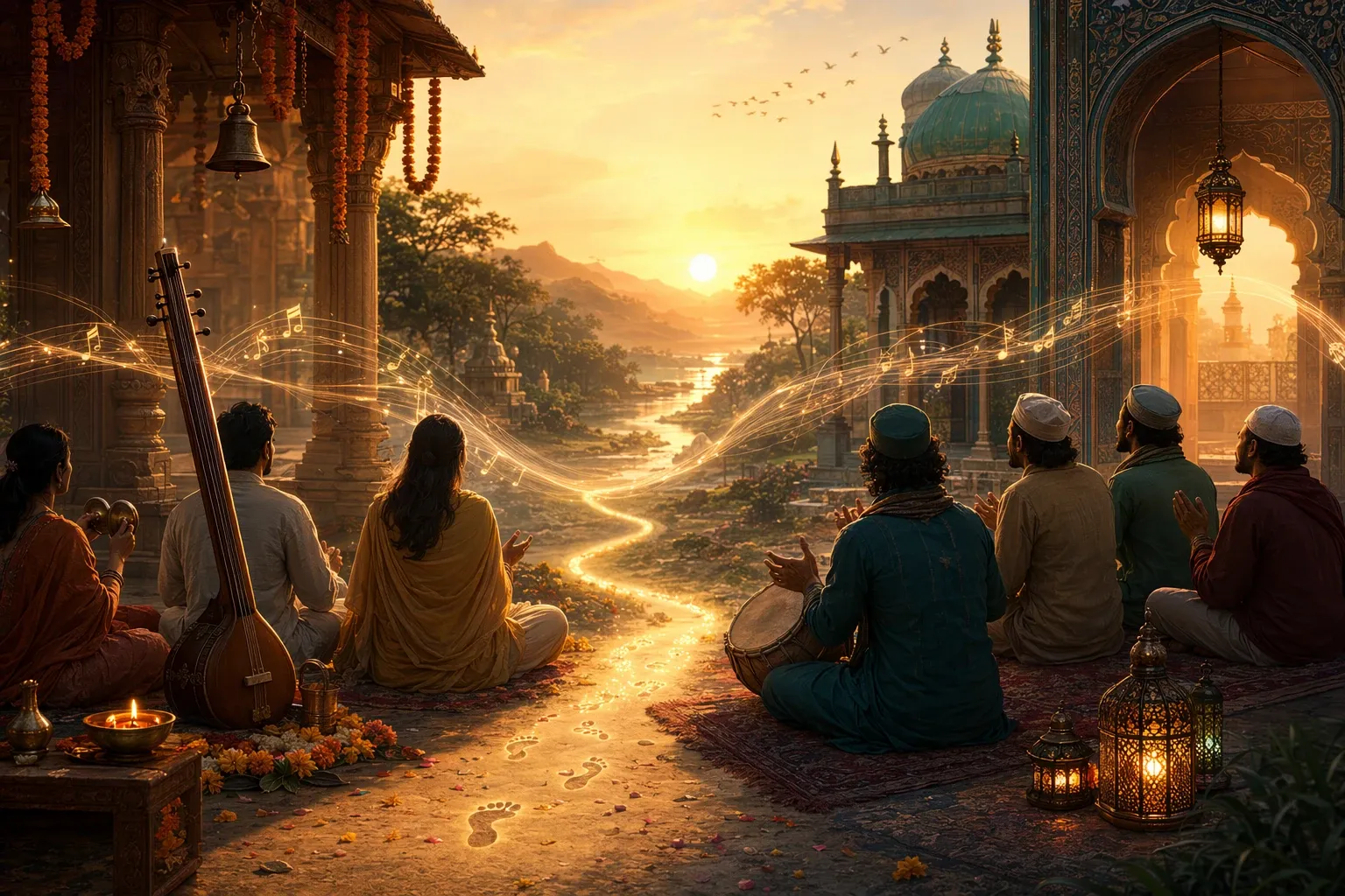 Editorial illustration for Bhakti Movement and Sufism: Similarities, Differences, and Religious Synthesis: Bhakti and Sufism compared through devotional music, love, and distinct tra...