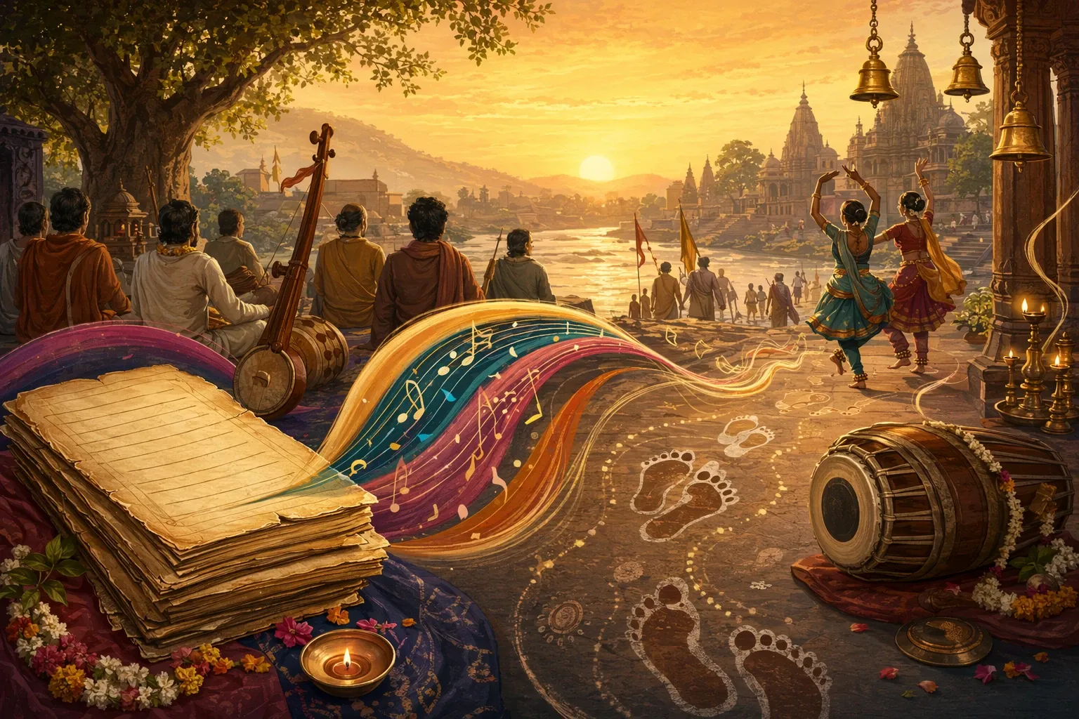 Editorial illustration for How the Bhakti Movement Shaped Indian Languages, Music, and Dance: Impact on Indian languages, music, and dance through concrete cultural forms.