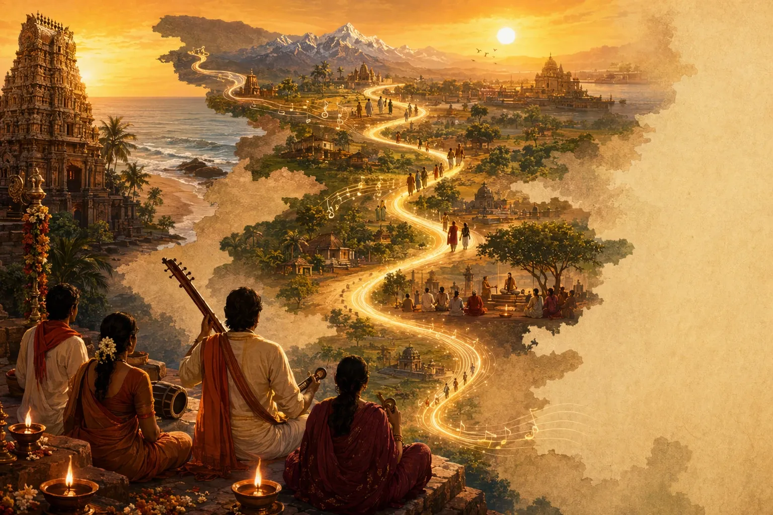 Editorial illustration for When and Where Did the Bhakti Movement Start in India? Origin and Timeline Explained: Origin and timeline shown as a devotional movement spreading across r...