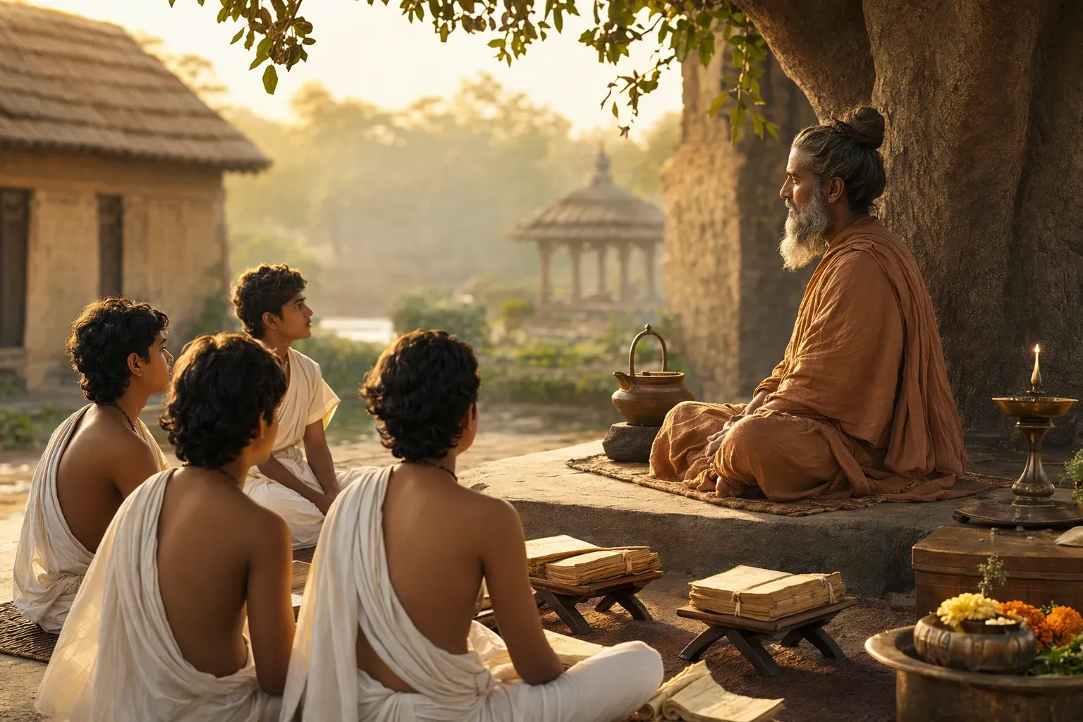 Brahmacharya Ashrama illustration with students, teacher, books, lamps, disciplined study, and a traditional Indian learning setting.