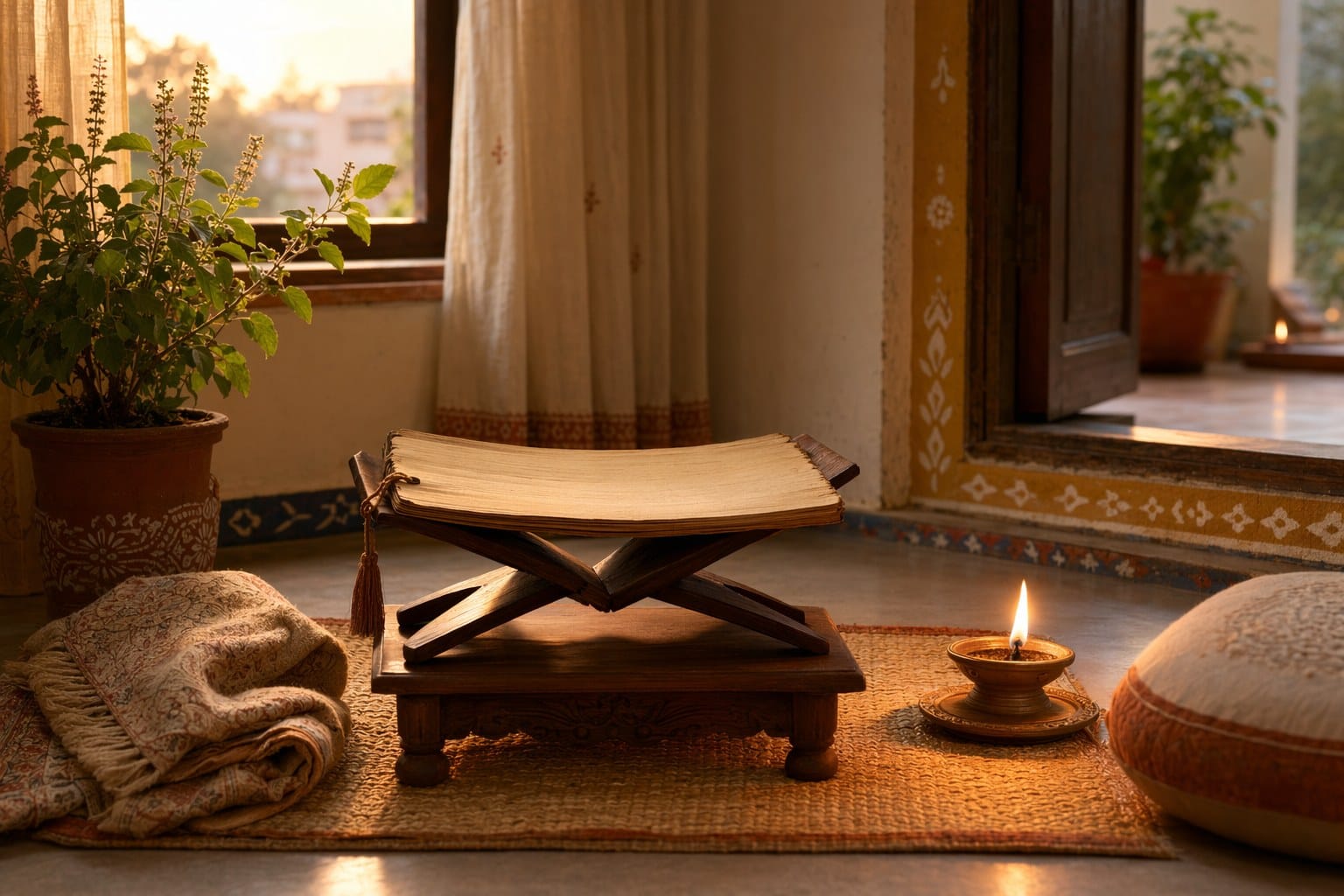 Peaceful home reading corner with a blank Mahabharata manuscript stand, tulsi plant, diya, folded shawl, and warm threshold light.