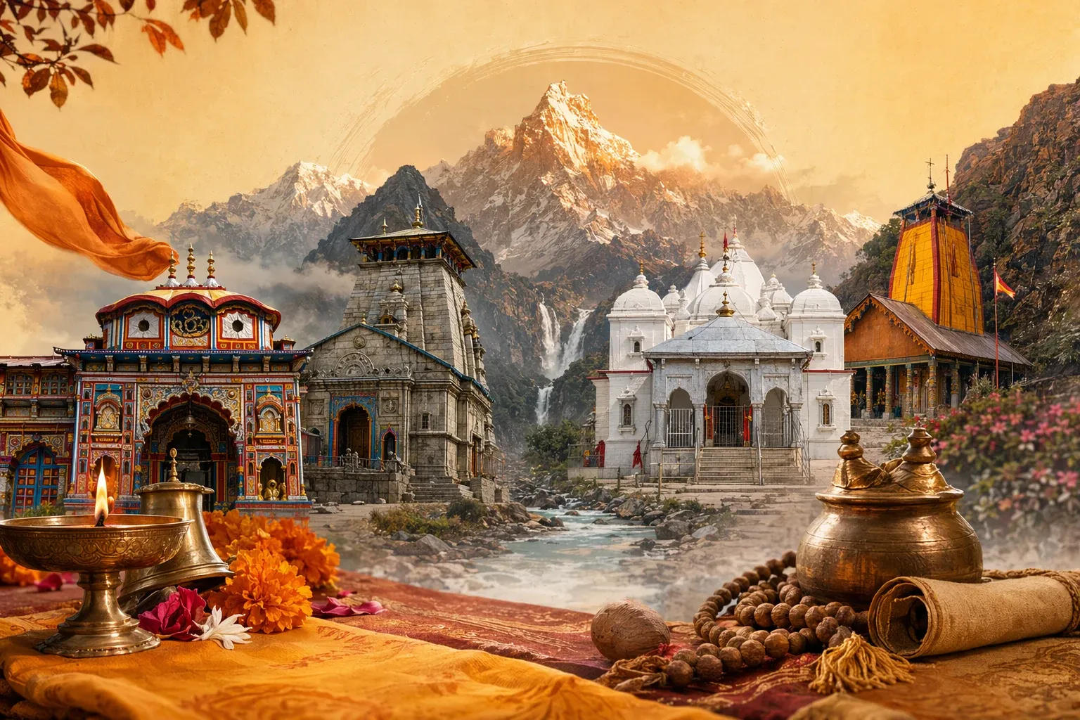 Char Dham names illustration showing four sacred temples with directional markers for Badrinath, Dwarka, Puri, and Rameswaram.