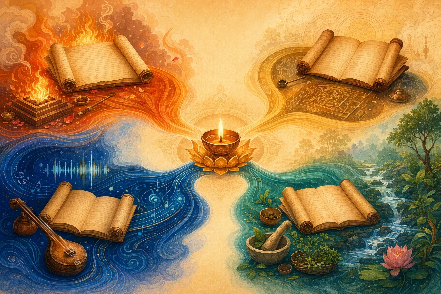 Four symbolic manuscript streams around a central lamp, representing the Rigveda, Yajurveda, Samaveda, and Atharvaveda without text.