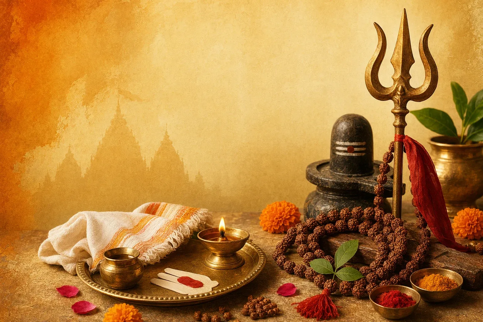 Hindu protection symbols illustration with tilak, rudraksha, trishul, Om, lamps, yantra, and puja items in a respectful devotional setting.