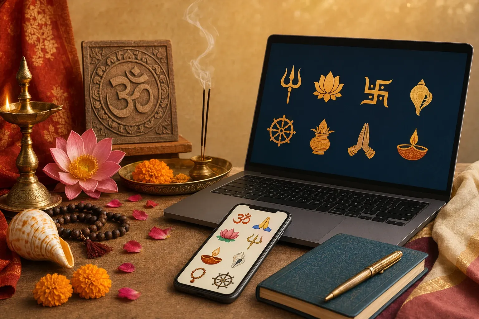 Hindu symbols online illustration with laptop, phone, Om, lotus, lamp, digital icons, respectful cultural design, and clean interface.