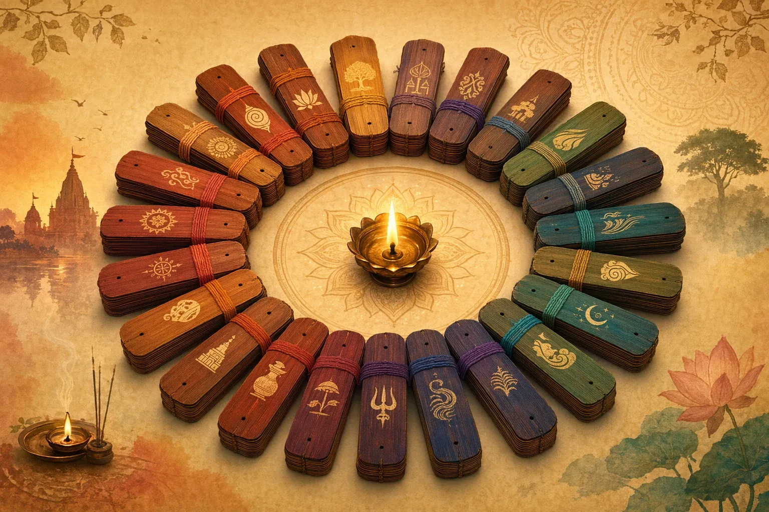 Eighteen palm-leaf manuscript bundles arranged in a circular library wheel with a golden lamp, representing the 18 Mahapuranas.