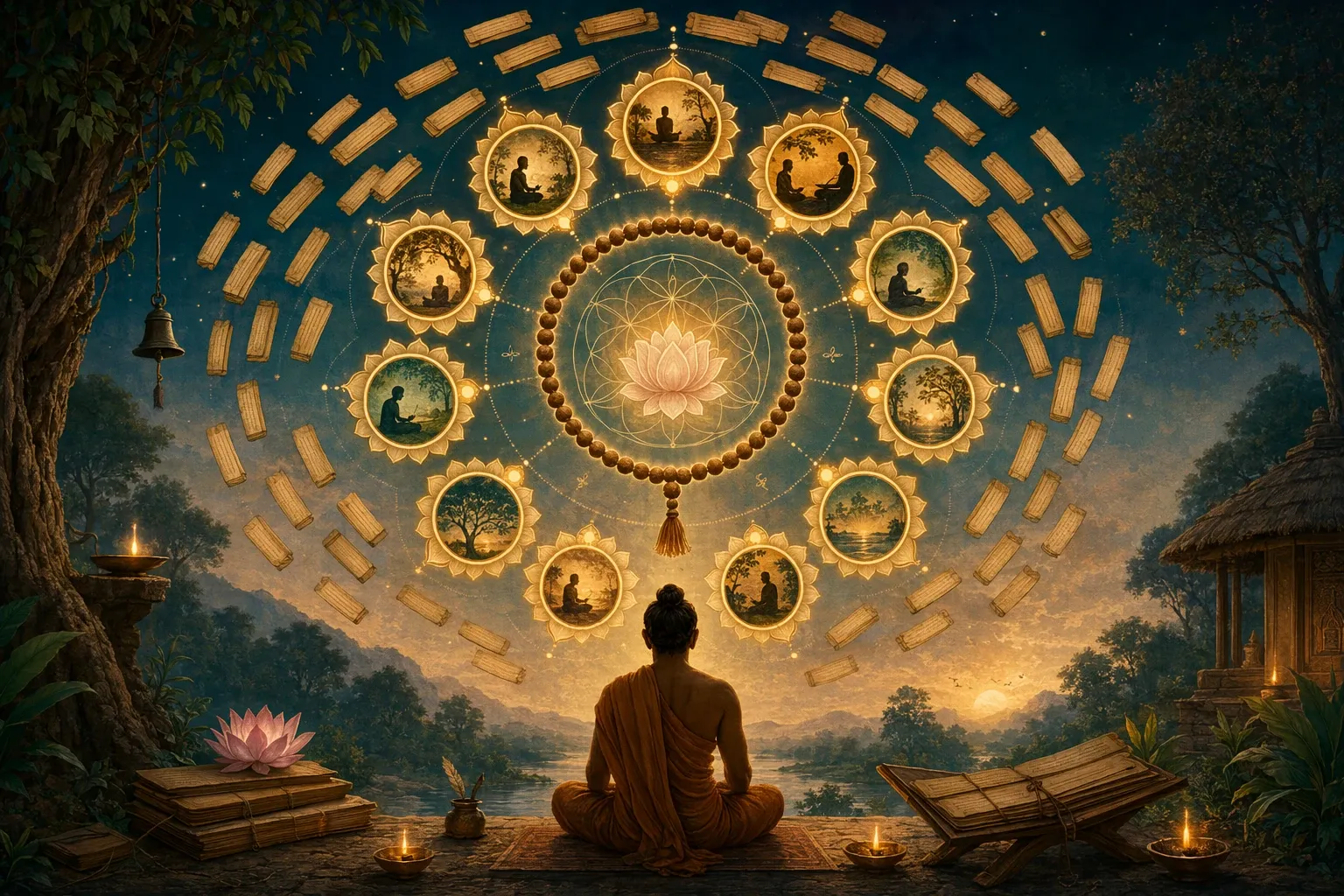 Symbolic Upanishads illustration with constellation of many small manuscript leaves around ten brighter lotus medallions and a larger 108-bead mala circle, all without readable numbers.