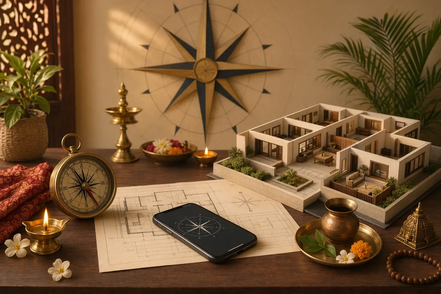 House direction checking illustration with a phone compass, hand compass, doorway, floor plan, and directional symbols.