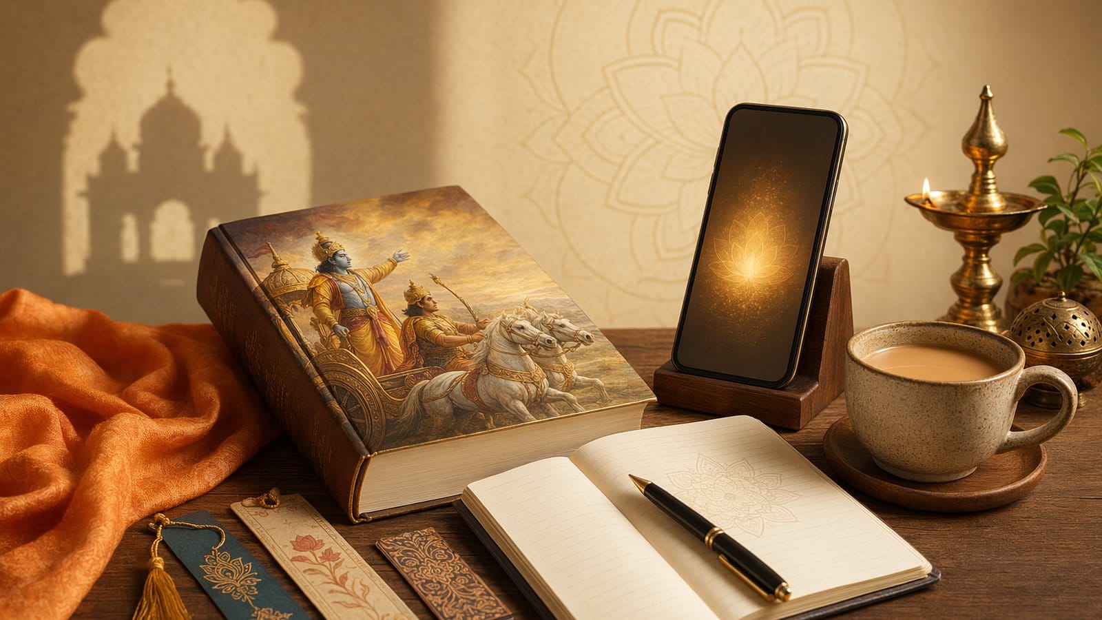 Beginner reading setup for the Bhagavad Gita with books notes and app-inspired glow