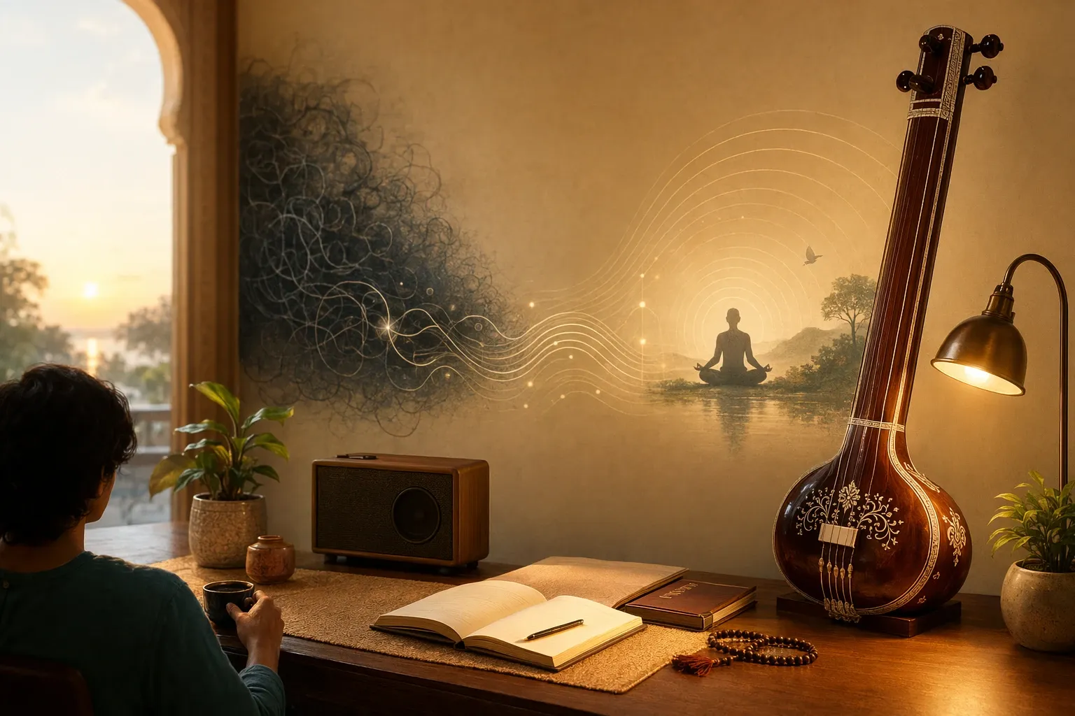 Calm study desk with tanpura, headphones, and meditation imagery showing Indian classical music as a mindful support for focus and stress.