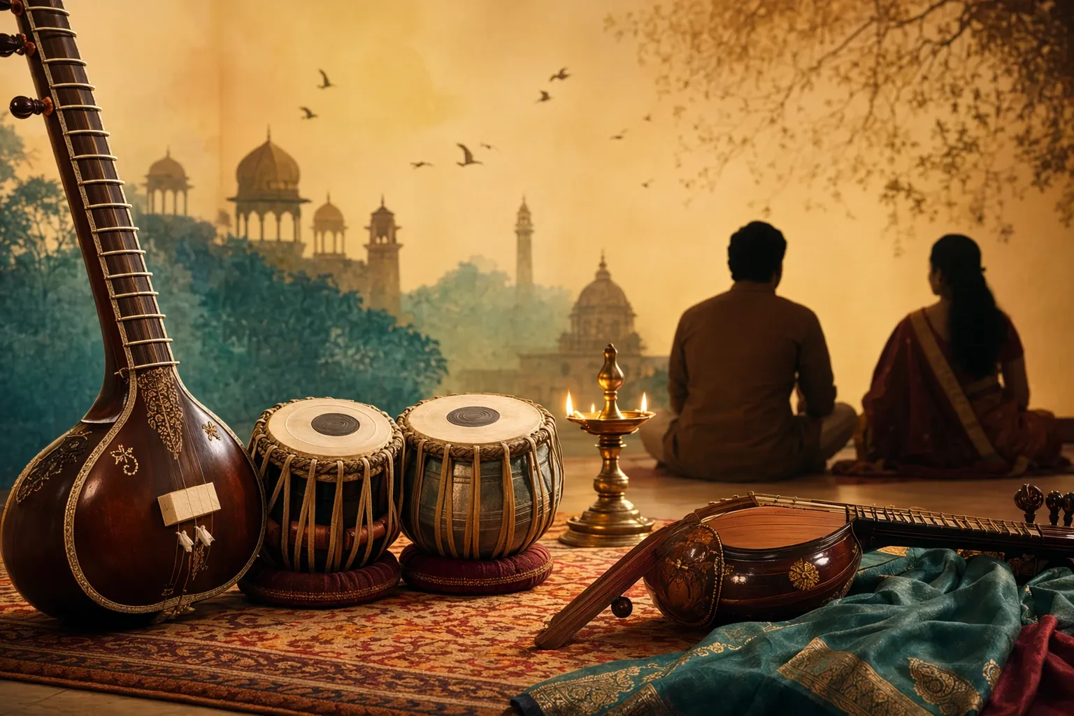 Indian classical music illustration with tanpura, tabla, lamps, and listeners in a traditional setting.