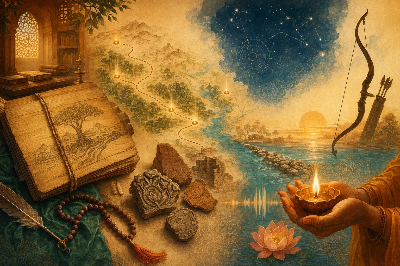 Balanced parchment scene with manuscript, map fragments, star constellations, pilgrimage markers, and a living-tradition lamp for the Ramayana as Itihasa.