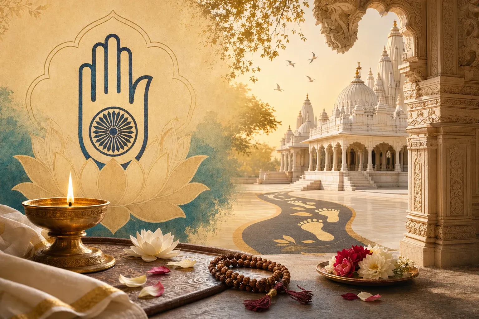 Jain symbols and pilgrimage illustration with ahimsa hand, temple, path, lamps, offerings, and peaceful devotional setting.