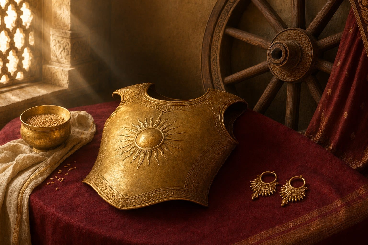 Radiant armor and earrings near a chariot wheel, charity bowl, sun rays, and loyalty threads symbolizing Karna’s dharma conflict.