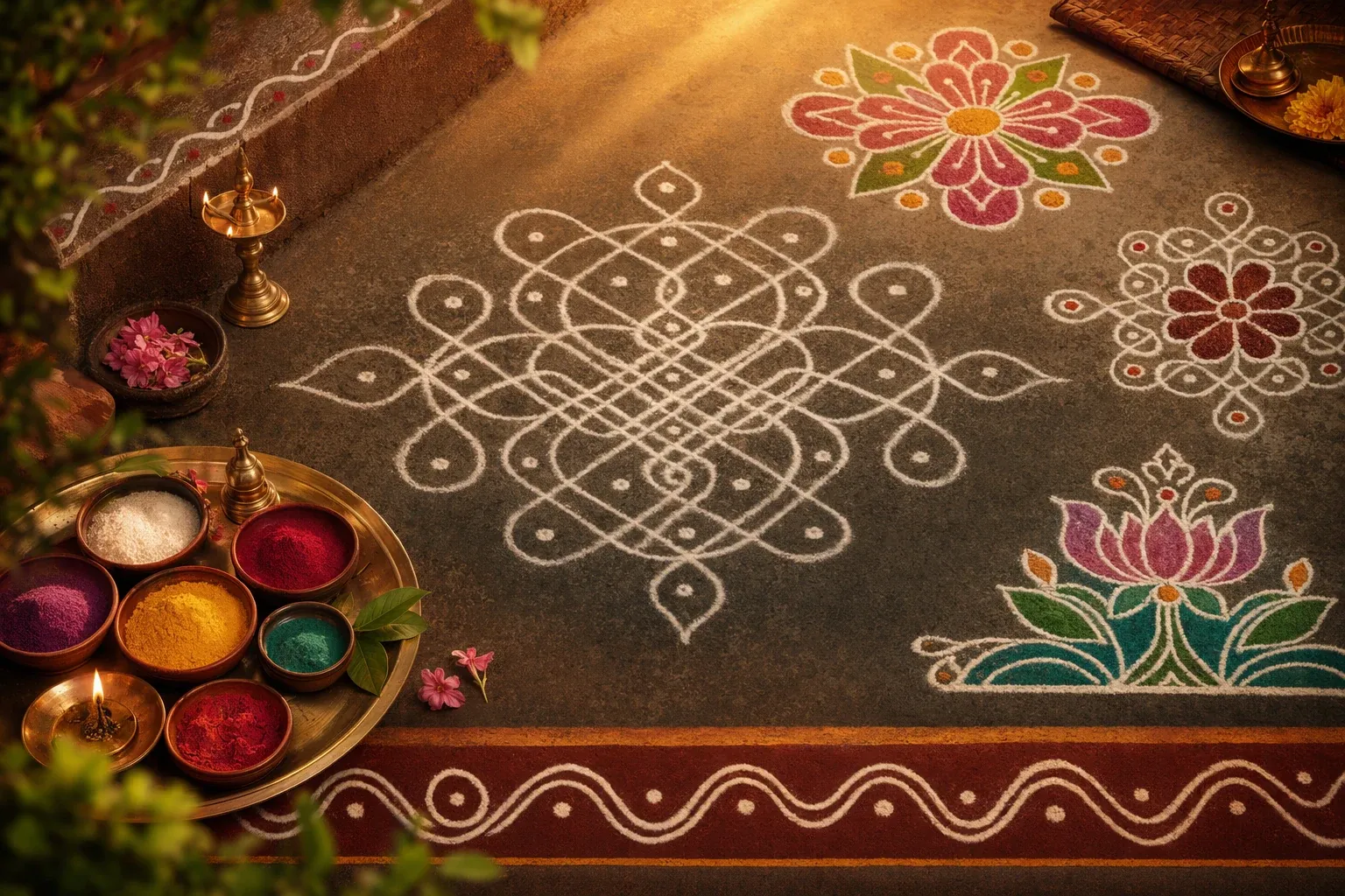 Editorial illustration for Kolam, Muggu, Muggulu, and Regional Styles Explained Simply: a concrete article-specific Indian cultural editorial scene for Kolam, Muggu, Muggulu, and Reg...