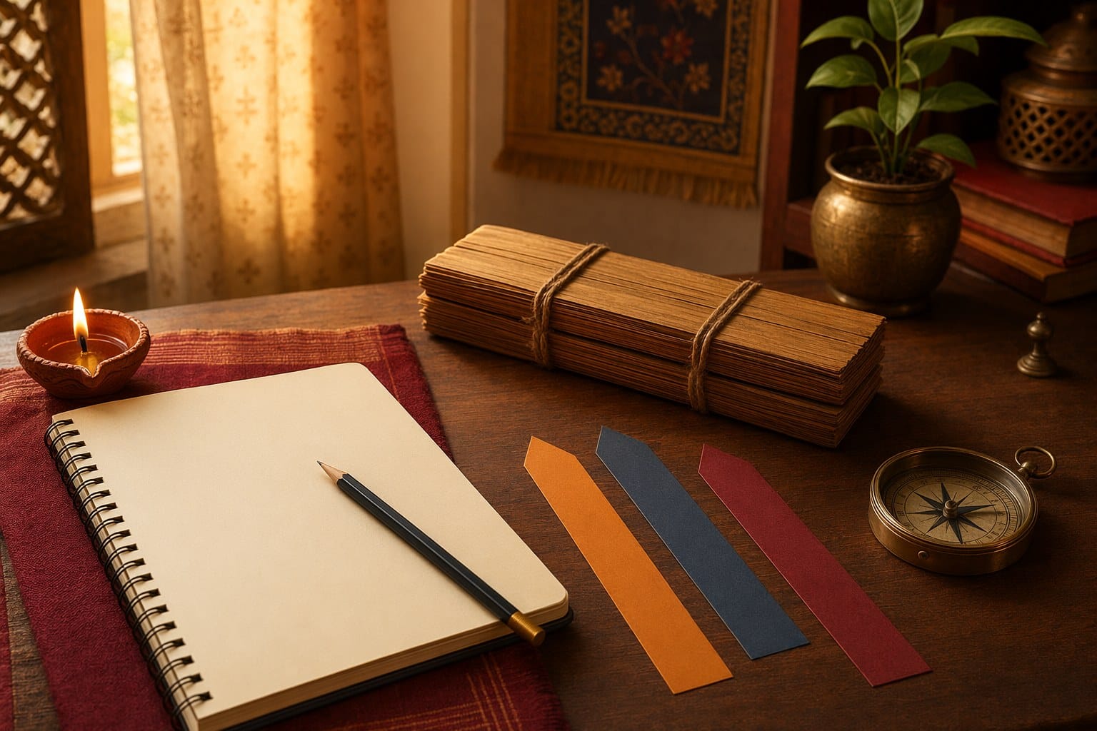 Student desk with blank notebook, lamp, Mahabharata manuscript, dharma compass, and branching choice paths representing life lessons.