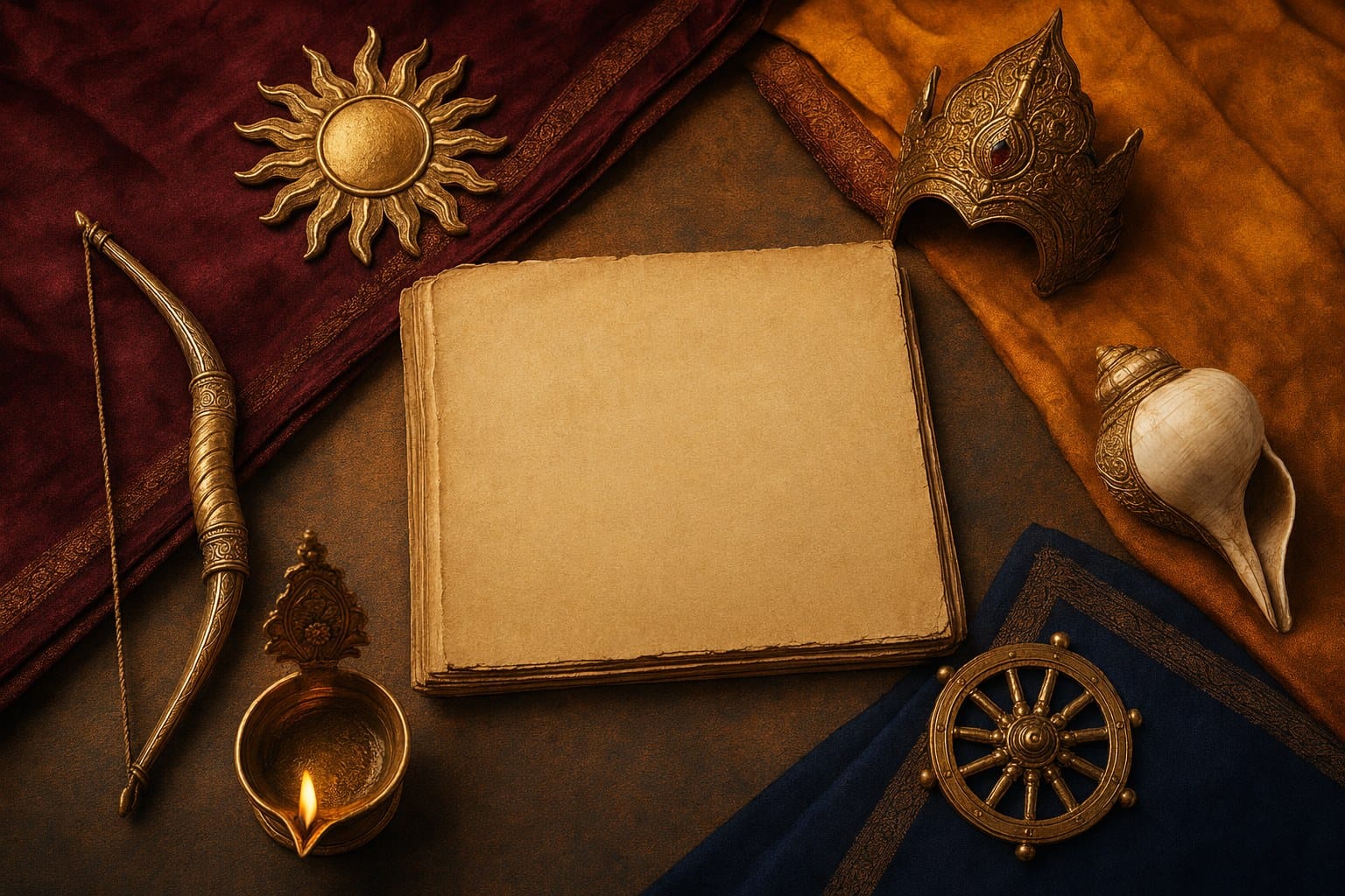 Circle of clear Mahabharata symbols including bow, conch, dice, lotus, crown, chariot wheel, and lamp around a blank manuscript.