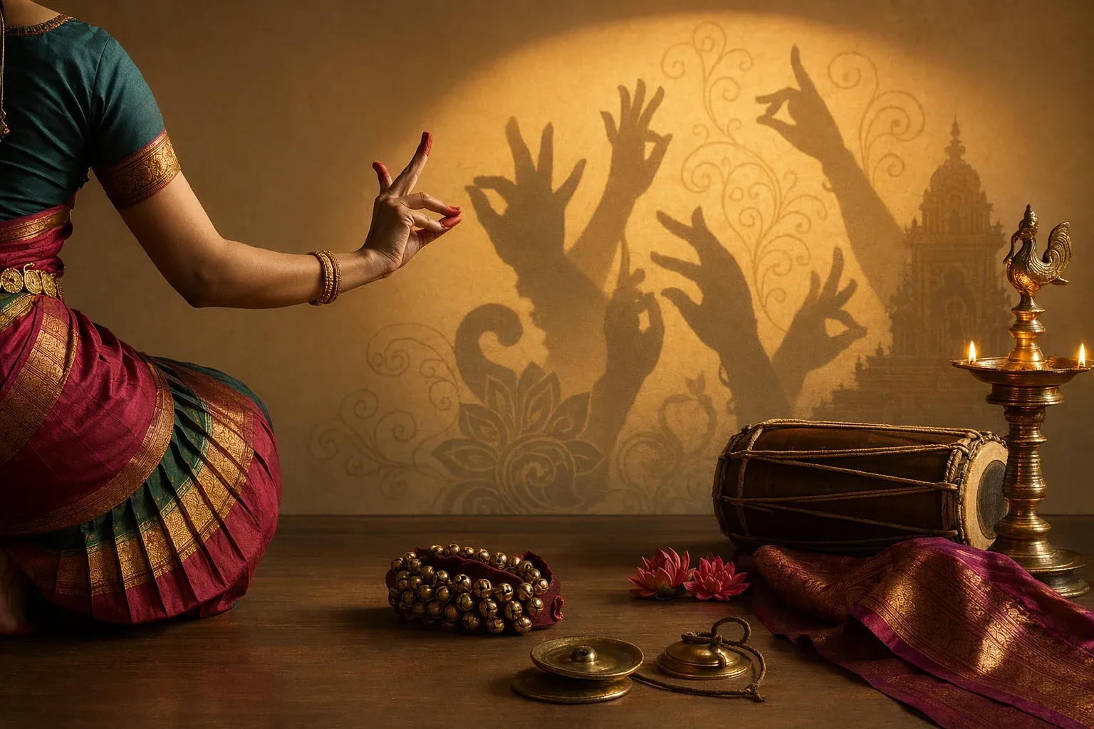 A Bharatanatyam-inspired dance scene with expressive hand gestures, ghungroos, lamp, and classical Indian stage setting.