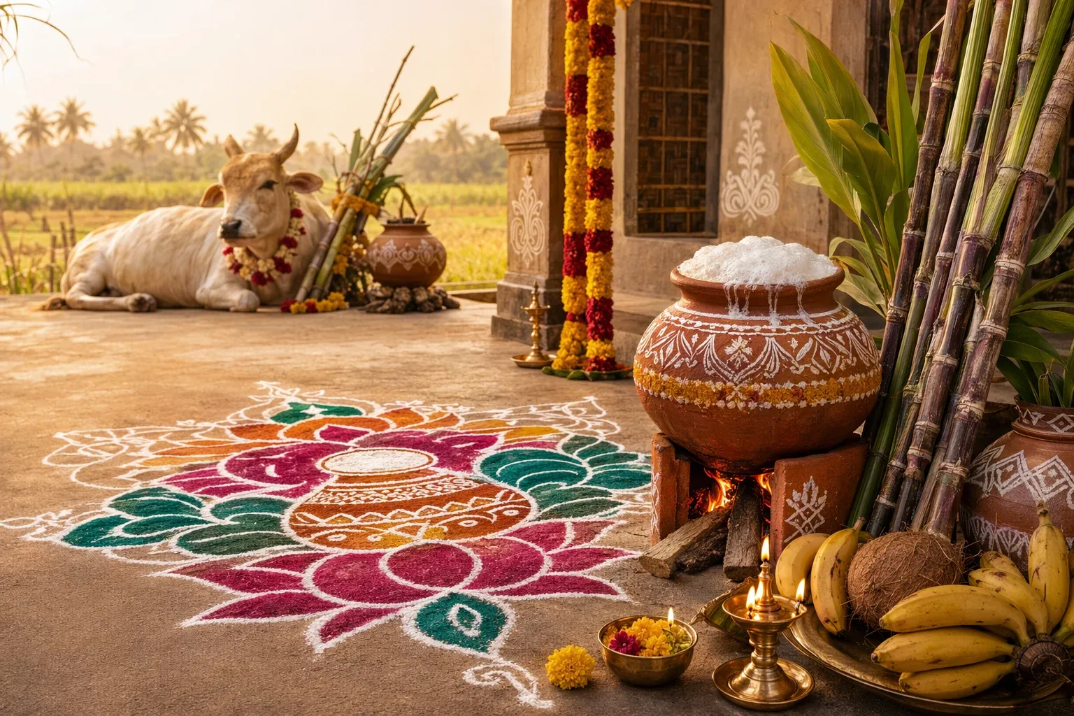 Editorial illustration for Pongal Kolam: Meaning, Traditions, and Common Designs: a concrete article-specific Indian cultural editorial scene for Pongal Kolam: Meaning, Traditions, a...