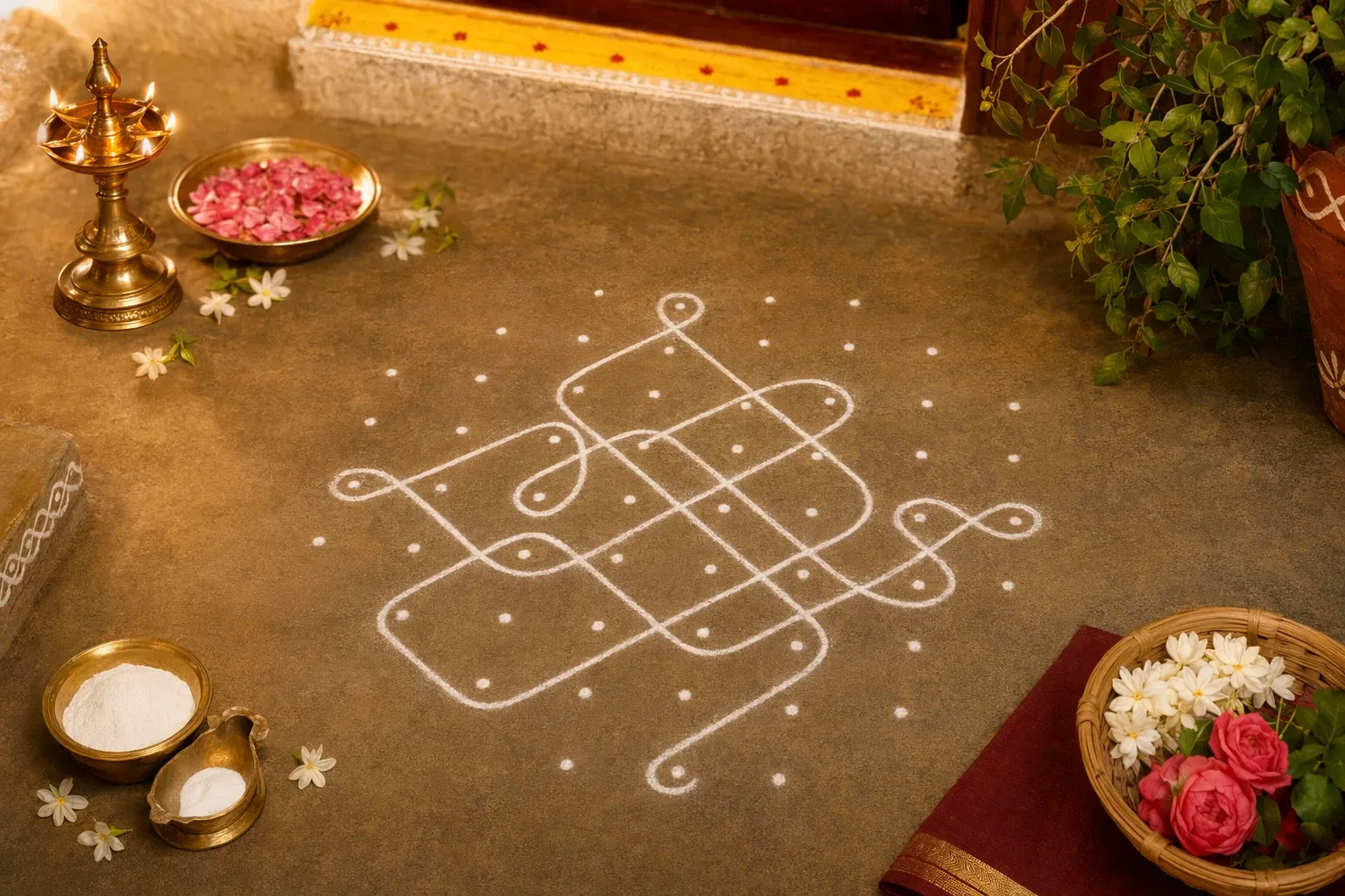 Editorial illustration for Pulli Kolam Explained: Dots, Lines, and Simple Patterns: a concrete article-specific Indian cultural editorial scene for Pulli Kolam Explained: Dots, Lines...