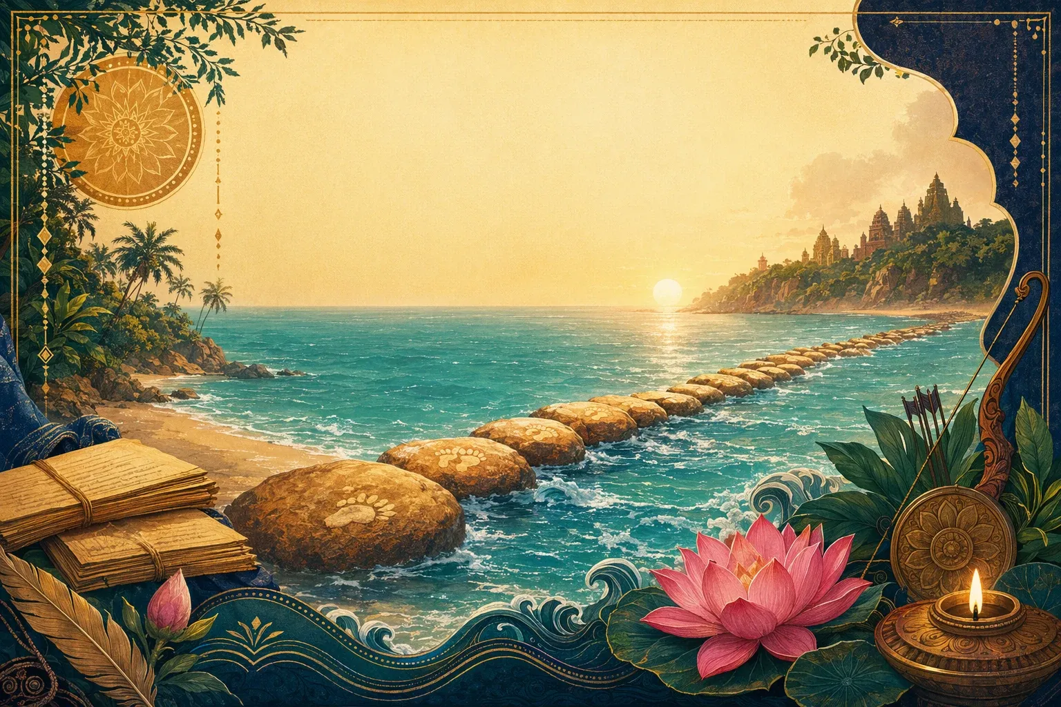 Luminous chain of stones across a teal ocean with sunrise and manuscript motifs, symbolizing Ram Setu in the Ramayana.