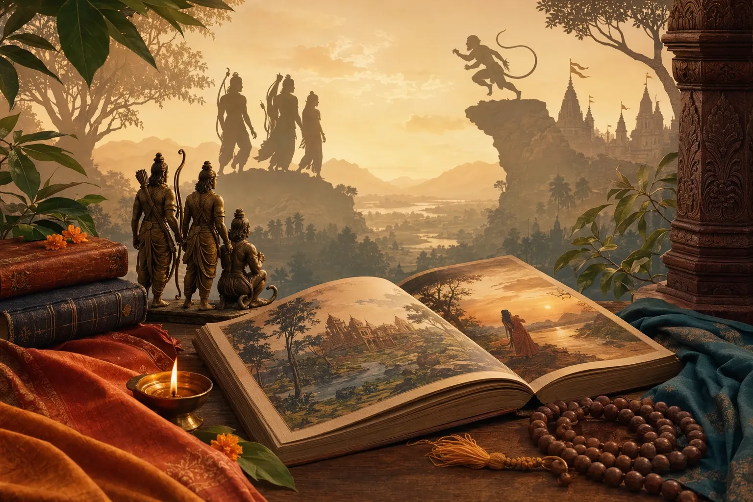 Illustration of Rama, Sita, Lakshmana, Hanuman, an open sacred book, lamp, and temple setting for a beginner guide to the Ramayana.