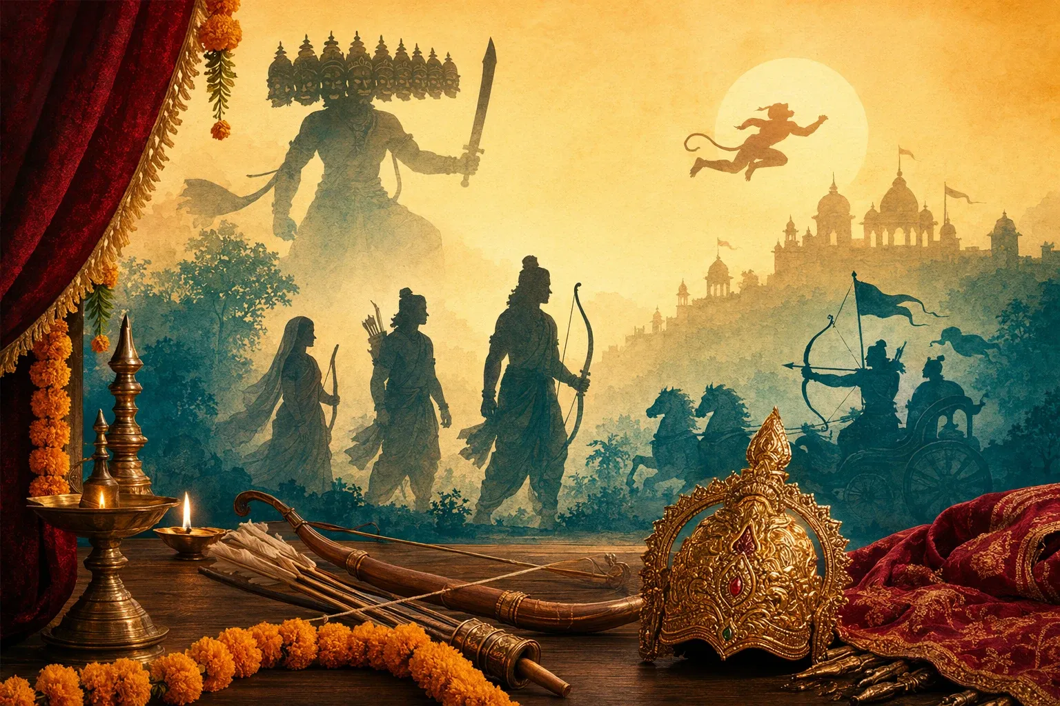 Ramlila performance showing Ramayana scenes with Rama, Sita, Lakshmana, Hanuman, Ravana, stage lights, and audience.