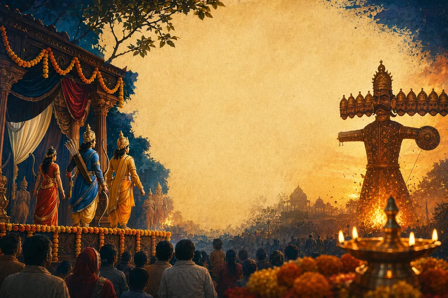 Ramlila stage ending with Dussehra atmosphere, Ravana effigy, Rama’s victory symbolism, audience, lights, and festival gathering.