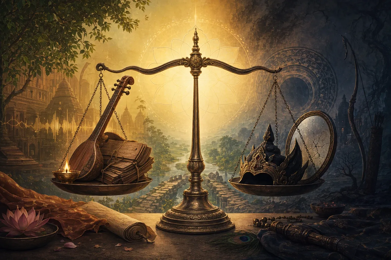 Symbolic scale with veena, manuscripts, lamp, shadowed crown, and cracked mirror representing Ravana’s learning, power, ego, and dharma lesson.