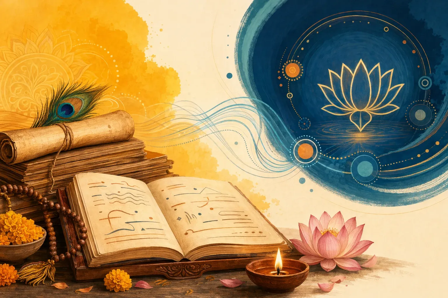 Symbolic Bhaktilipi feature illustration for Sanskrit Grammar Basics: Sandhi, Shabd Roop, and Sentence Building, using Sanskrit learning motifs and respectful cultural design.