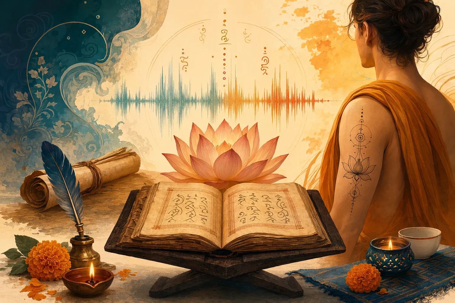 Symbolic Bhaktilipi feature illustration for Sanskrit Names, Quotes, and Tattoos: How to Choose the Right Meaning, using Sanskrit learning motifs and respectful cultural design.
