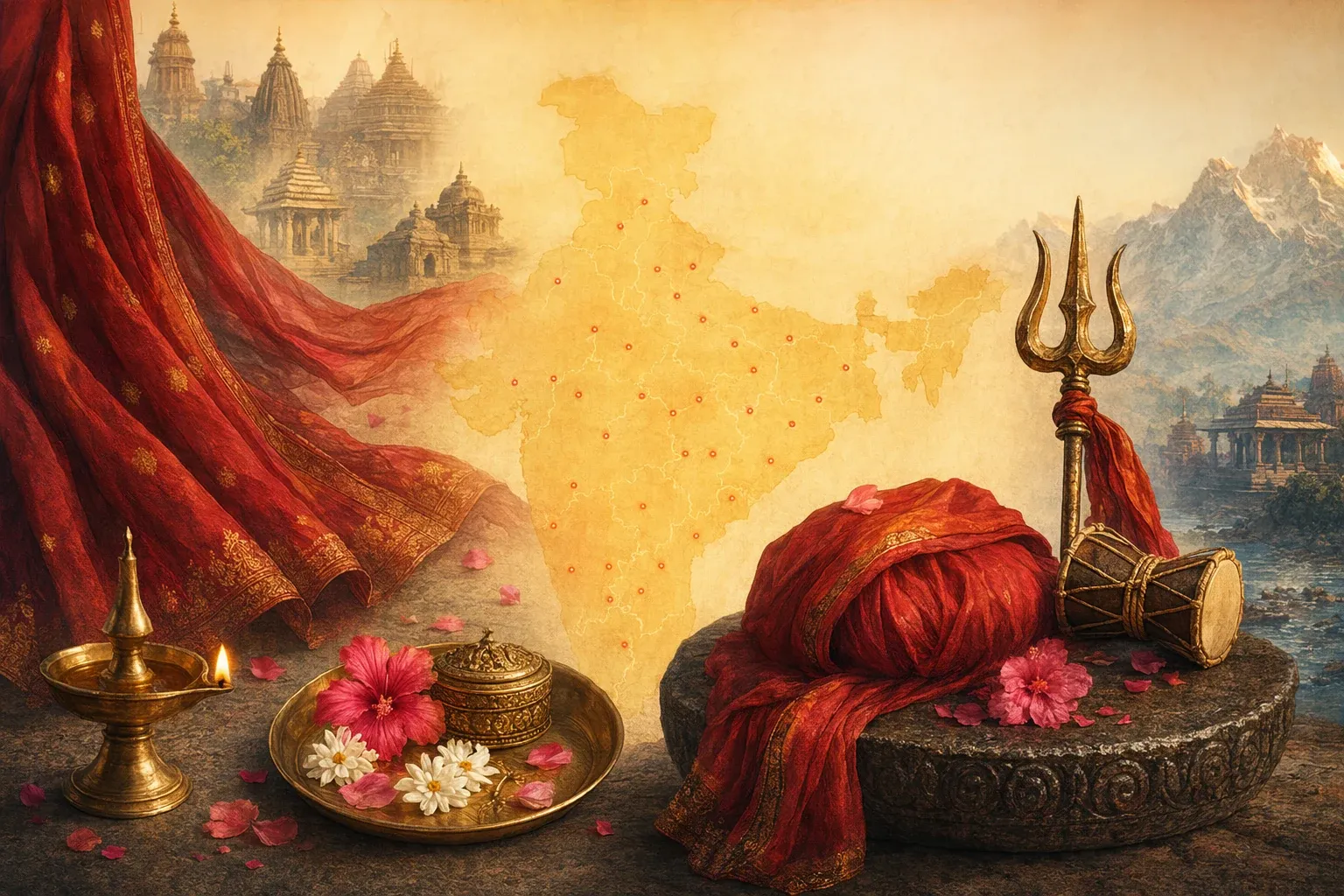 Illustration of Shakti Peeth sacred geography with Devi worship symbols, temple lamps, trishul, and a map-like devotional setting.