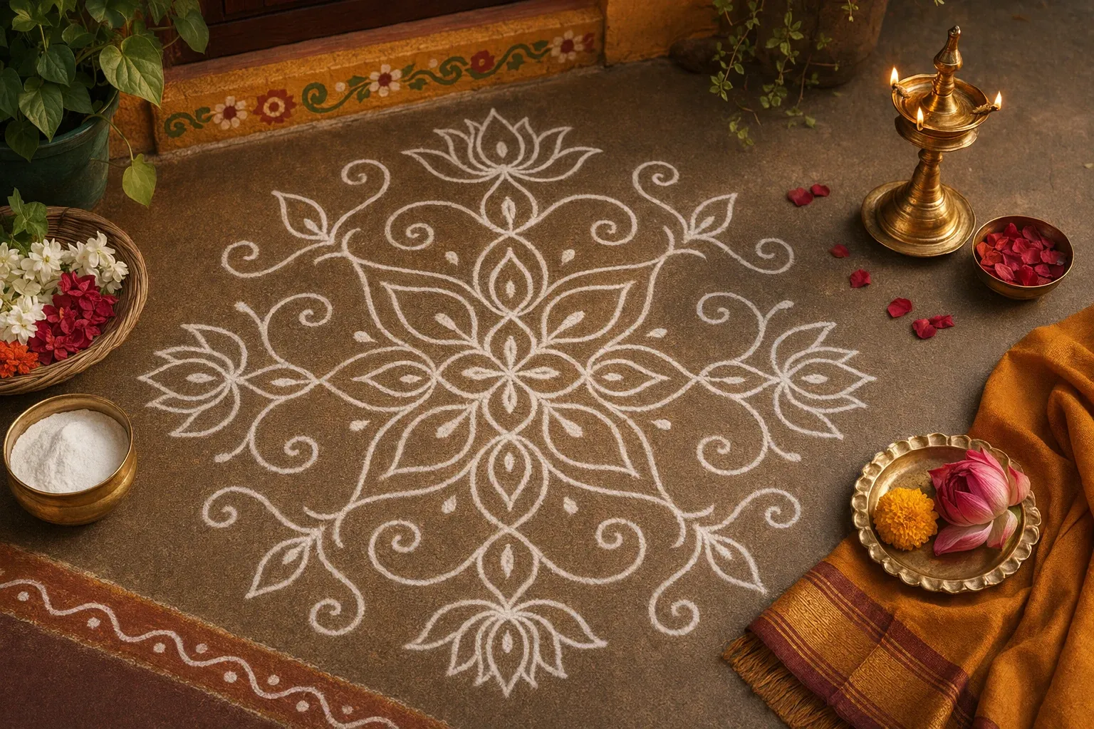 Editorial illustration for Simple Kolam Without Dots: Freehand Designs for Beginners: a concrete article-specific Indian cultural editorial scene for Simple Kolam Without Dots: Freeh...