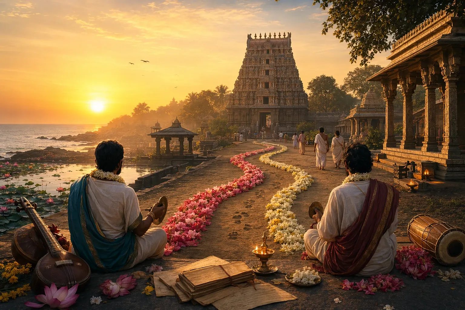 Editorial illustration for Bhakti Movement in South India: Alvars, Nayanars, and the Pallava Age: South India, Alvars, Nayanars, and temple-rooted devotion shown through place and sy...