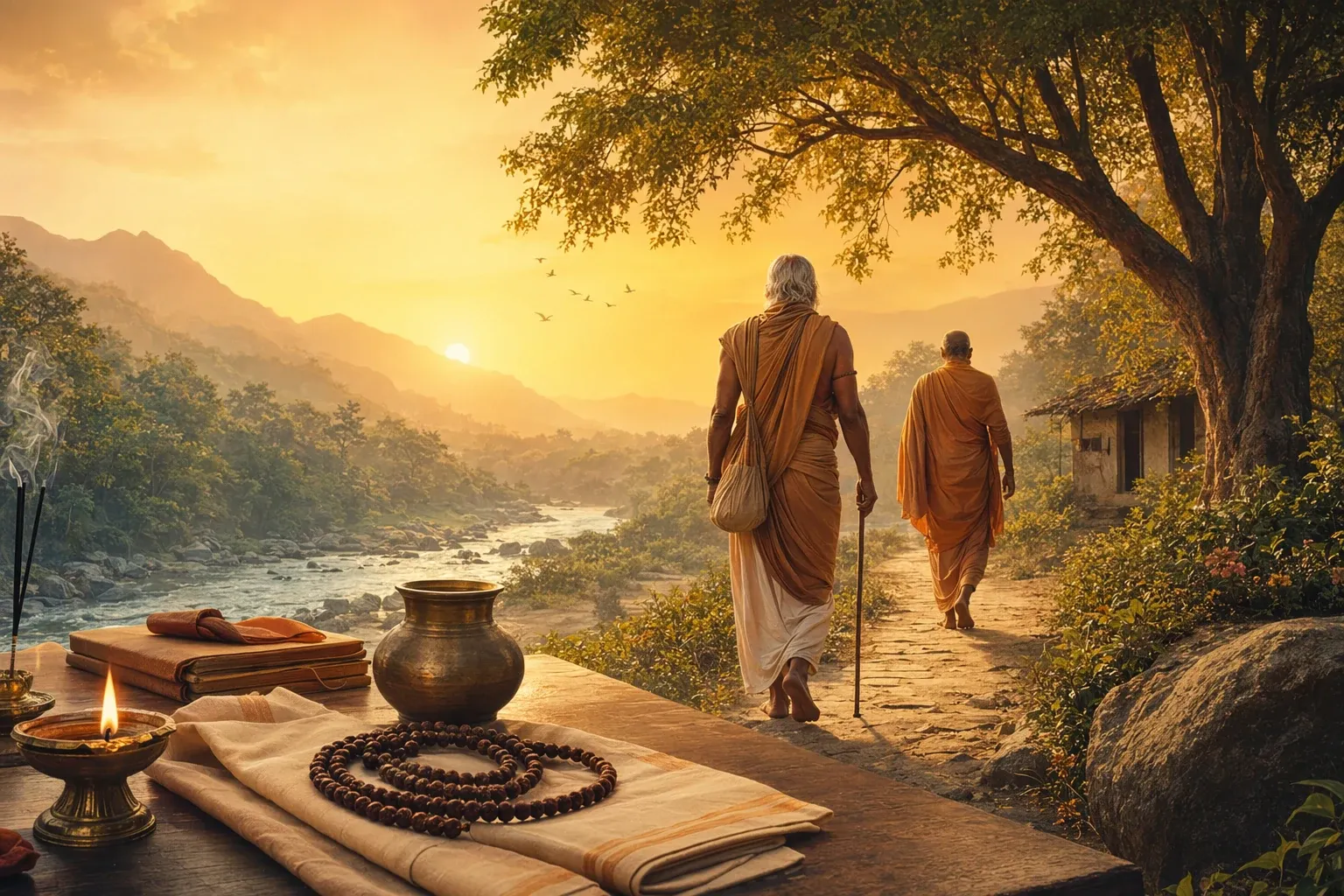 Vanaprastha and Sannyasa illustration with elder guide, renunciant, forest path, simple robes, lamps, and reflective spiritual mood.