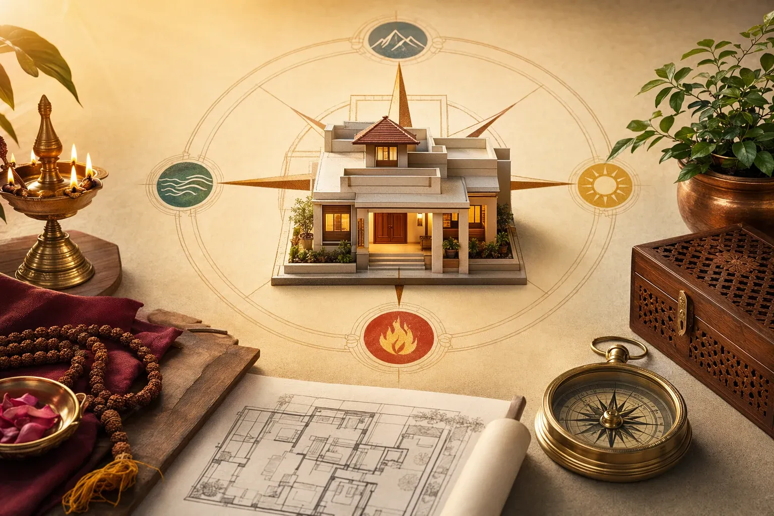 Vastu directions illustration with a house model, compass, directional markers, and Indian home design elements.