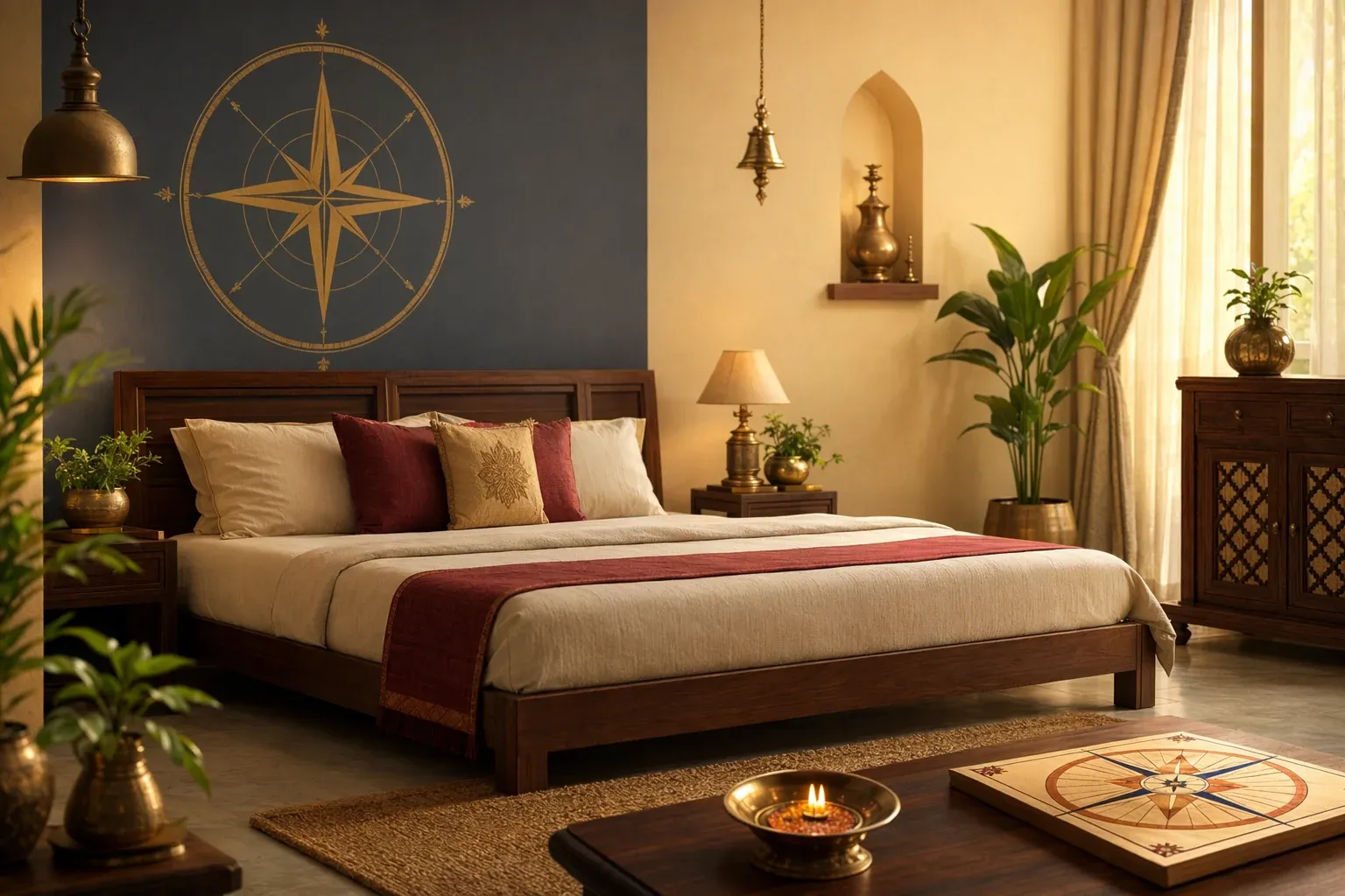 Vastu bedroom illustration with bed, compass, calm room lighting, and simple directional symbols.