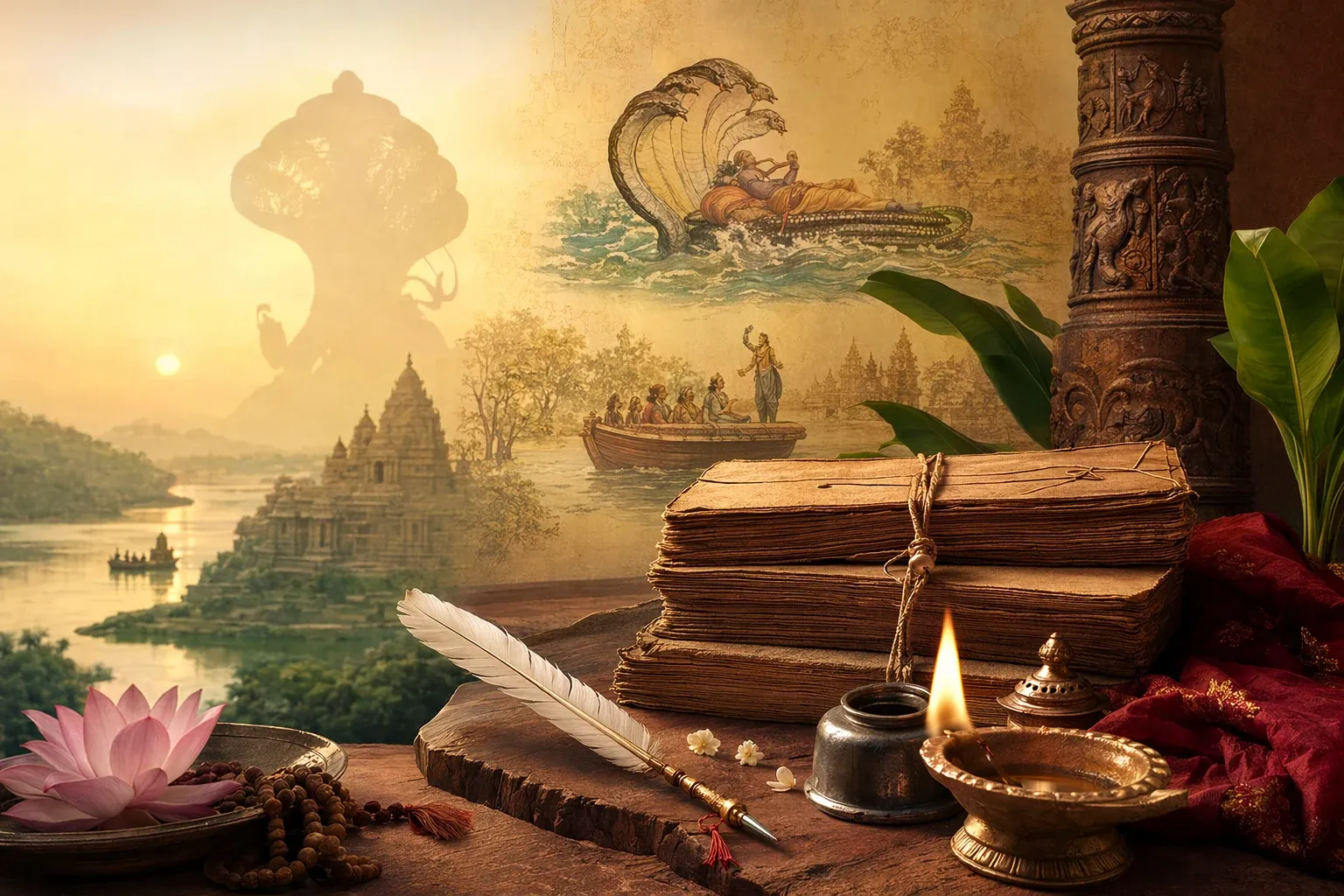 Vishnu Purana illustration with palm-leaf manuscript, lamp, temple architecture, conch, chakra, and devotional study setting.