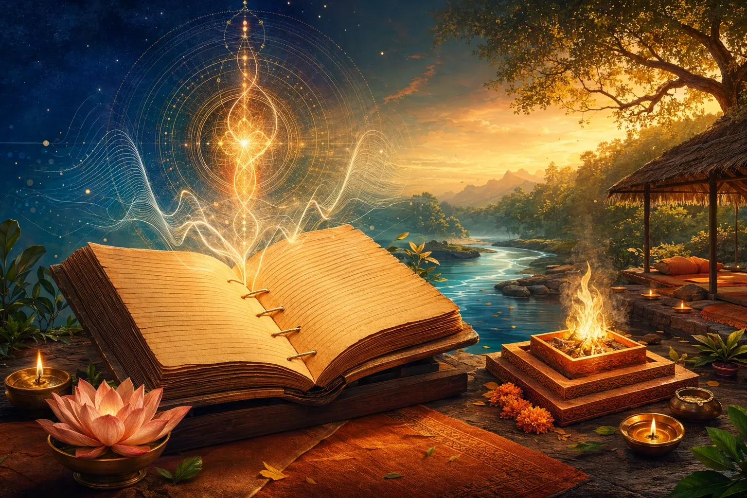 Symbolic illustration of an open Vedic manuscript with sound waves, sacred fire motif, lotus, diyas, river curve, and forest-learning silhouette.