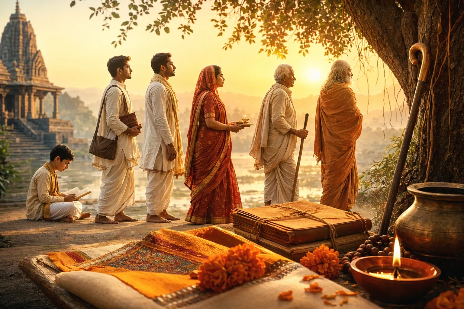 Ashrama system illustration showing student learning, household life, elder reflection, renunciation, lamps, books, and Indian cultural setting.