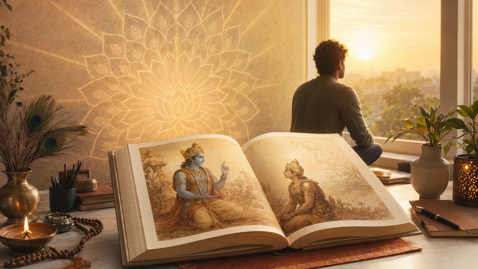 Open Bhagavad Gita with modern life lessons and golden dawn symbolism
