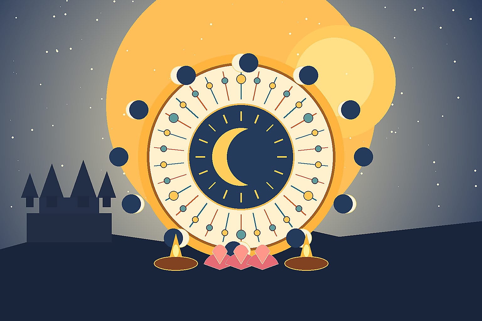Abstract illustration of a Hindu tithi lunar-day wheel with moon phases, a sunrise arc, temple silhouette, diyas, and lotus motifs for a simple panchang explainer.