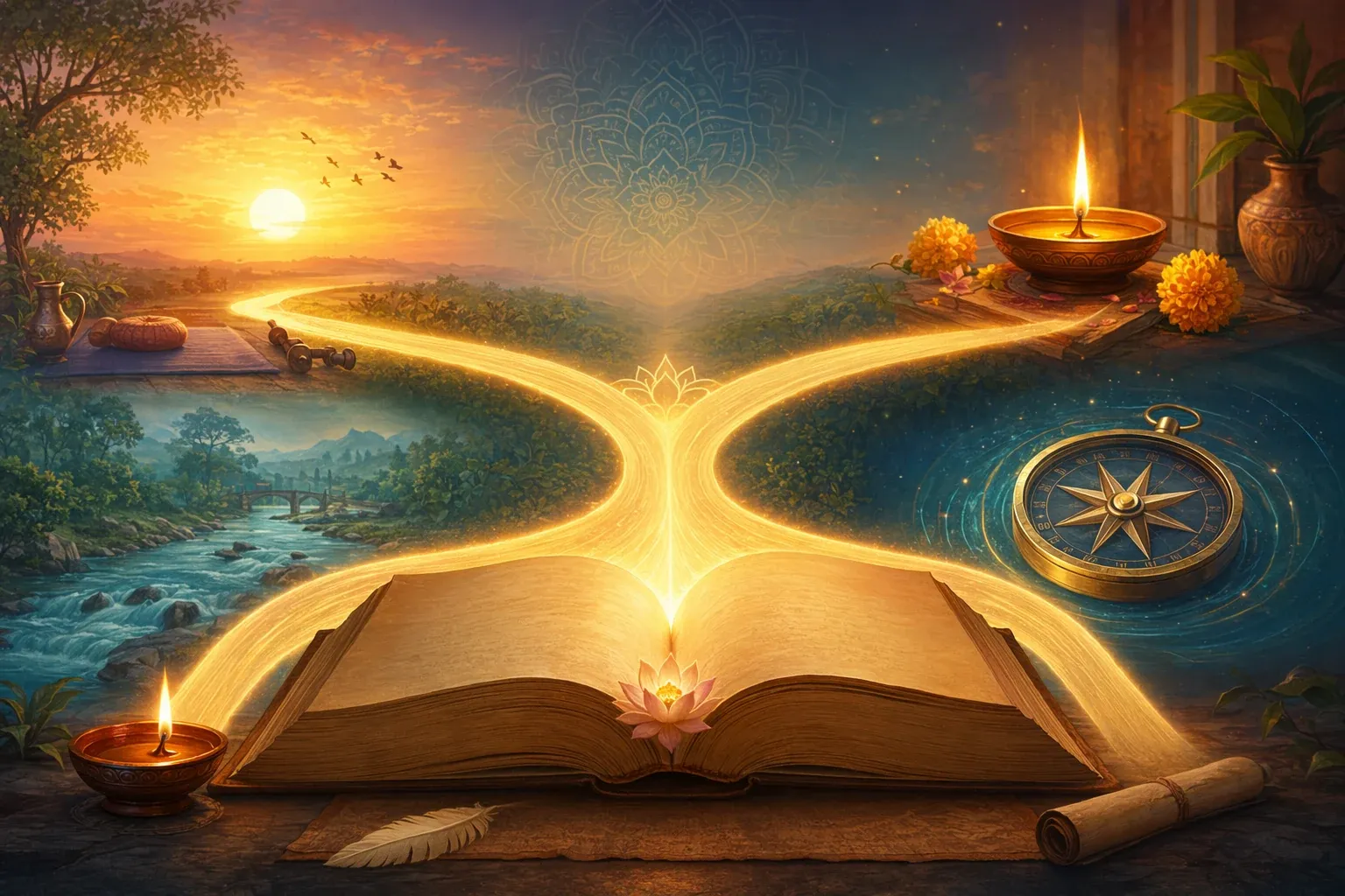 Open manuscript sending pathways to symbols of discipline, gratitude, harmony, and truth as simple Vedic life lessons.