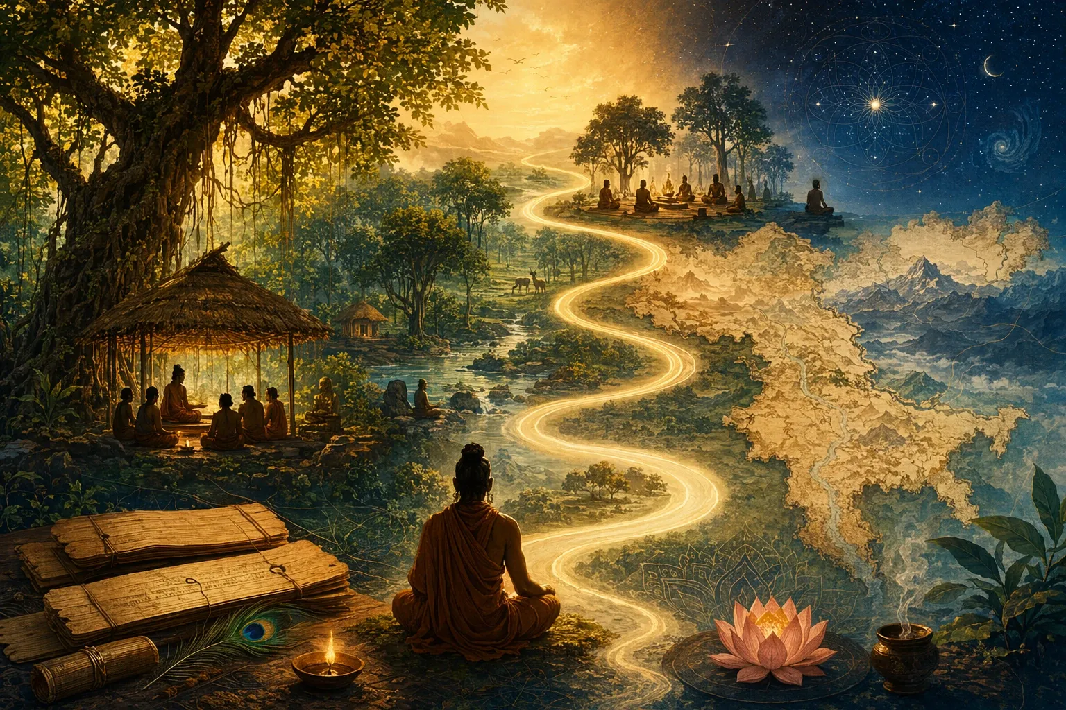 Symbolic Upanishads illustration with layered timeline river flowing through forest hermitages, ancient learning spaces, stars, and map-like terrain fragments with no labels.