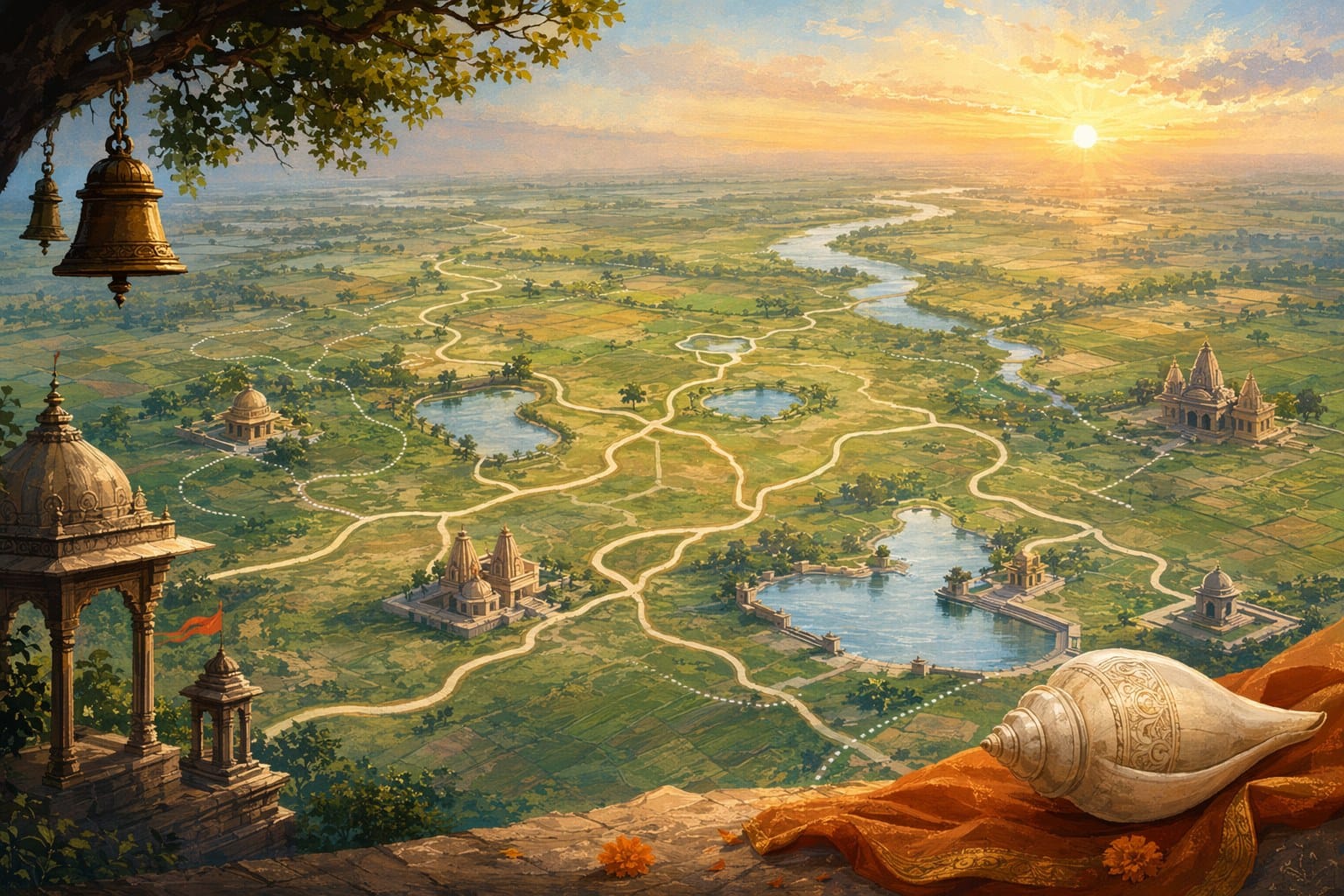 Map-style Kurukshetra landscape with route lines, sacred water pools, conch silhouette, temple bells, and sunrise over northern plains.