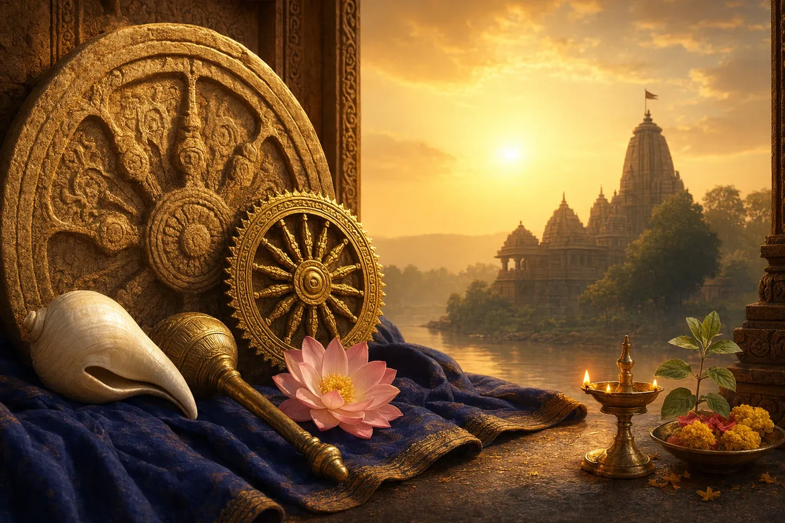 Respectful Vishnu beginner illustration with conch, chakra, lotus, temple elements, and calm devotional symbolism.
