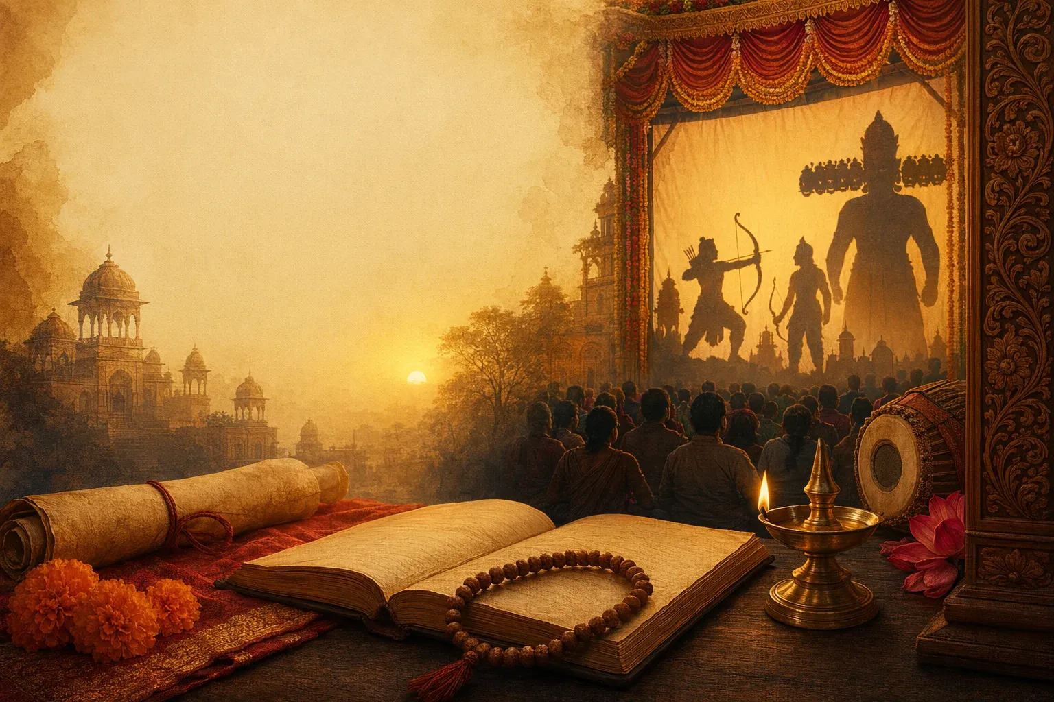 Ramlila origin and history scene with manuscript, traditional performer, lamps, stage props, and Ramayana storytelling symbols.